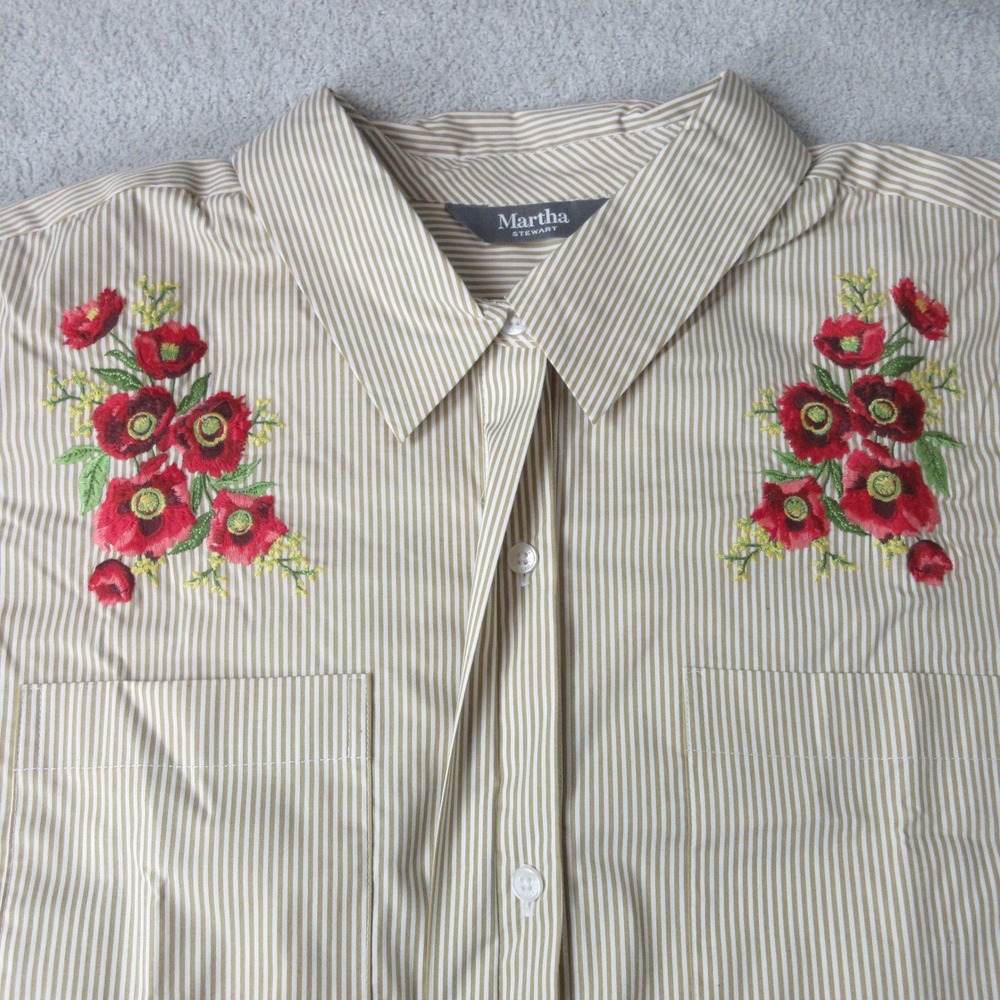 Martha Stewart Blouse Womens Large Striped Embroidered Floral 3/4 Sleeve